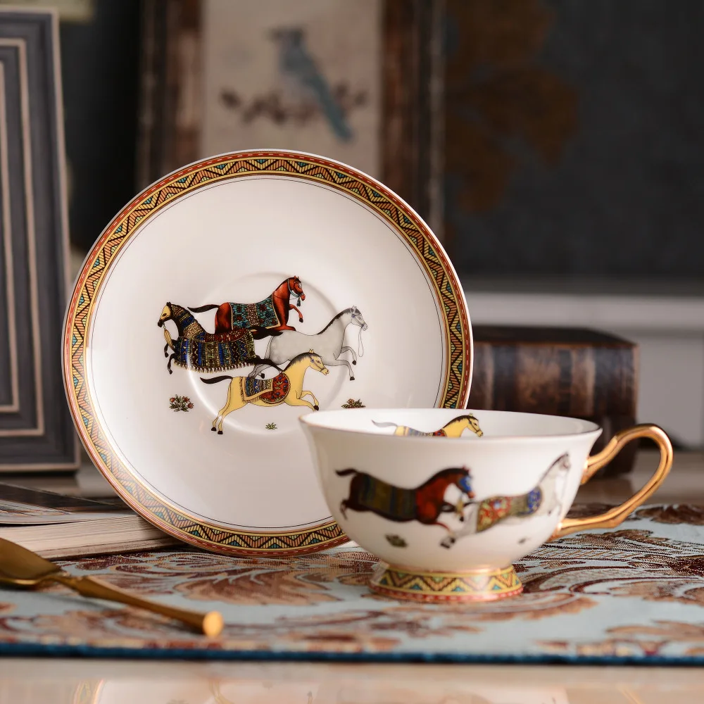 Porcelain tea cup and saucer ultra-thin bone china god horses design outline in gold coffee cup and saucer set gift-box packing Porcelain tea cup and saucer ultra-thin bone china god horses design outline in gold coffee cup and saucer set gift-box packing