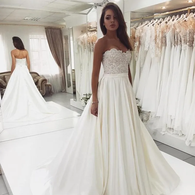 Sweet Heart Satin Beaded Wedding Dress, A-Line Backless Lace Top Wedding Dress_conew1