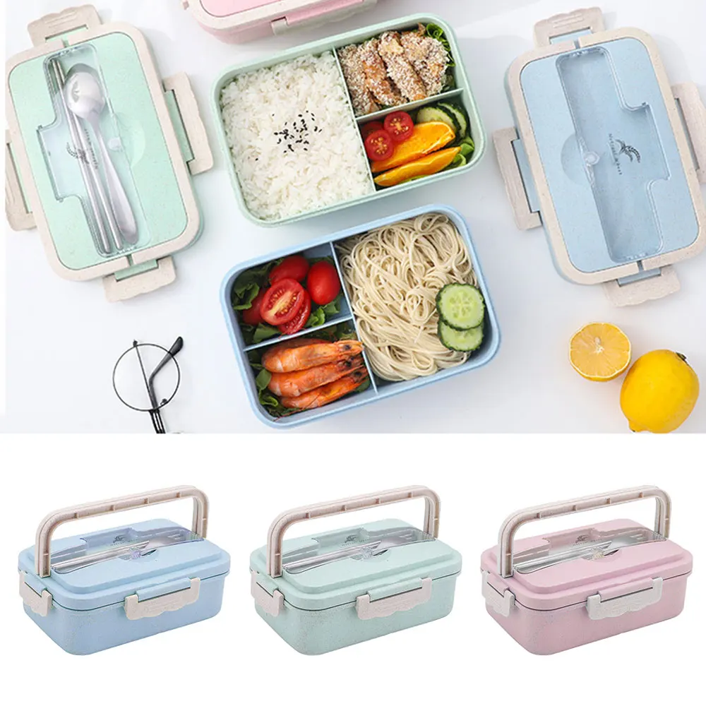 

1000ml Hand Shank Lunch Box Portable Food Container With Tableware Microwavable Bento Box For Kids Picnic School Kitchen Supply