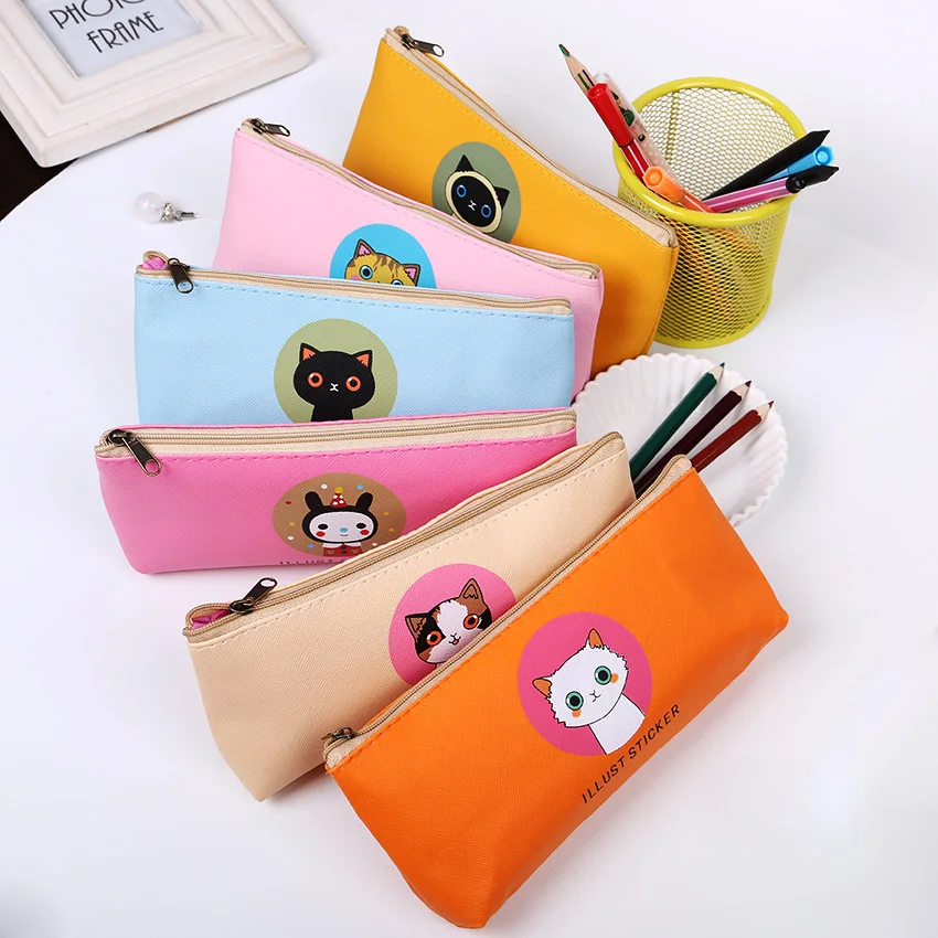 Cat Leather Stationery Large Capacity Pencil Case Lovely Waterproof Storage Bags