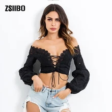 ZSIIBO Кружевной Галстук-бабочка ажурный фонарь рукав футболка женская с длинным рукавом Хлопок богемский короткий Slash шеи Футболка