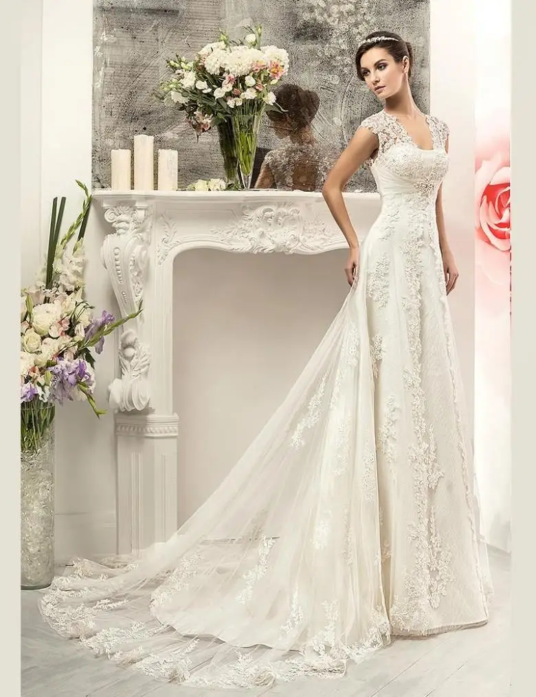 Elegant White//Ivory Tulle Lace Wedding Dress Cap Sleeve A Line Bridal Gown New