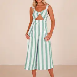 Без рукавов летние пляжные комбинезоны Strappy Stripe Для женщин полый лук длинные широкие брюки женские пикантные комбинезон 2018