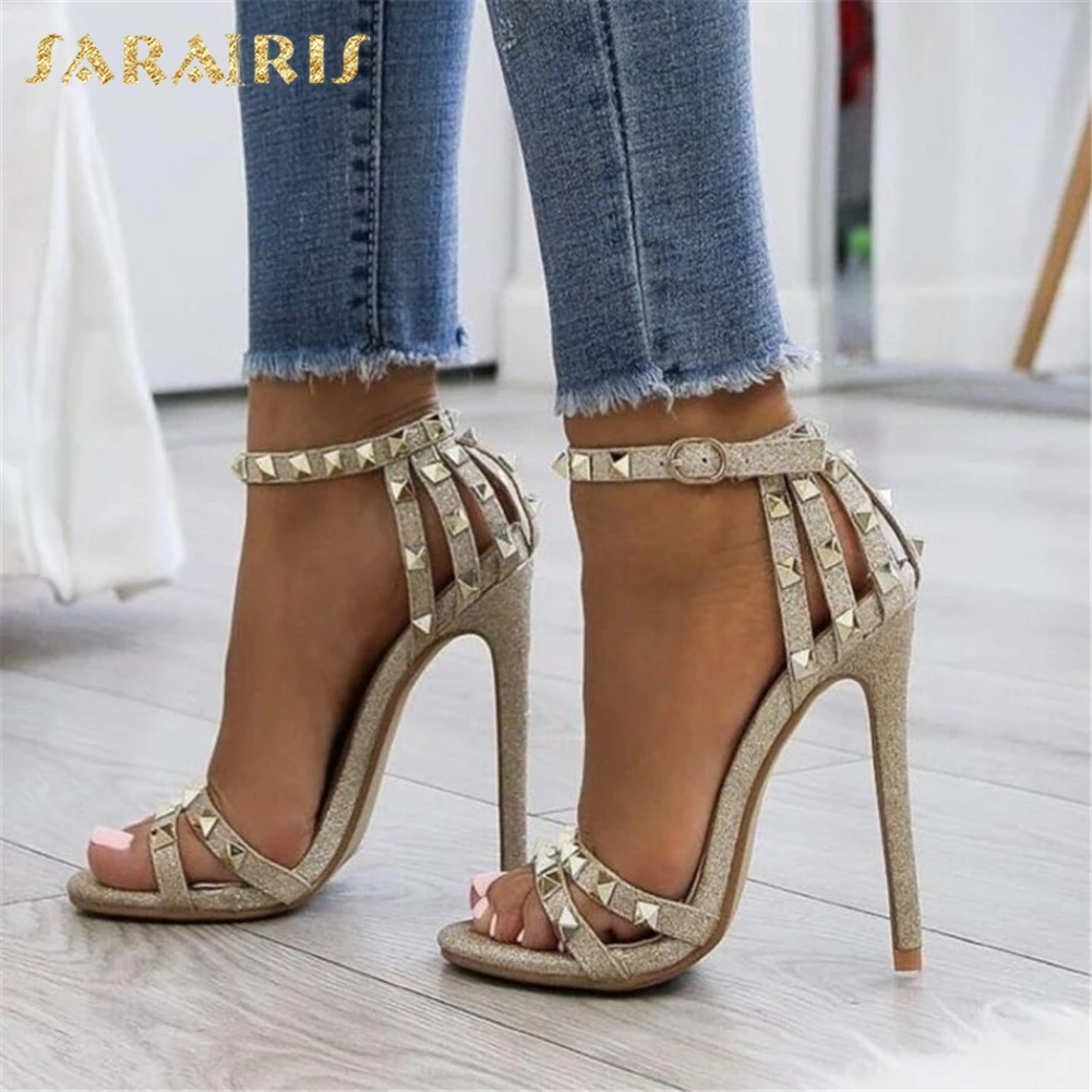 

Sarairis Brand Design Sexy Thin High Heels Rivets Women Shoes Sandals Woman Bling Lady Summer Party ankle-strap Shoes Woman