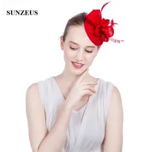 Популярные Красные Малый Свадебная шляпка Лен цветы перья чародей белый tocados madrina boda SH83