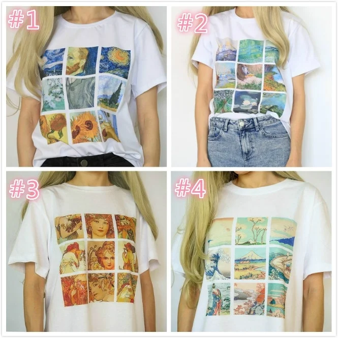 Günstige Kuakuayu HJN Van Gogh Monet Alphonse Mucha Hokusai Kunst Druck T shirt Sommer Mode Unisex Top Kurzarm Baumwolle Frauen T shirt