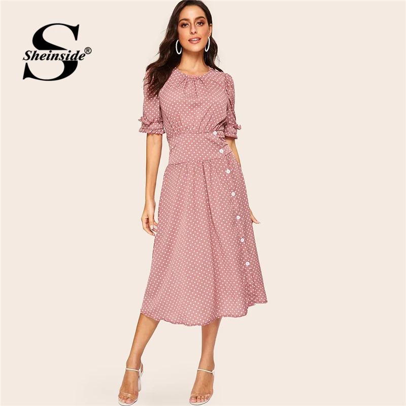 

Sheinside Vintage Polka Dot Print Half Sleeve Dress Women 2019 Summer Button Detail A Line Dresses Ladies Puff Sleeve Midi Dress
