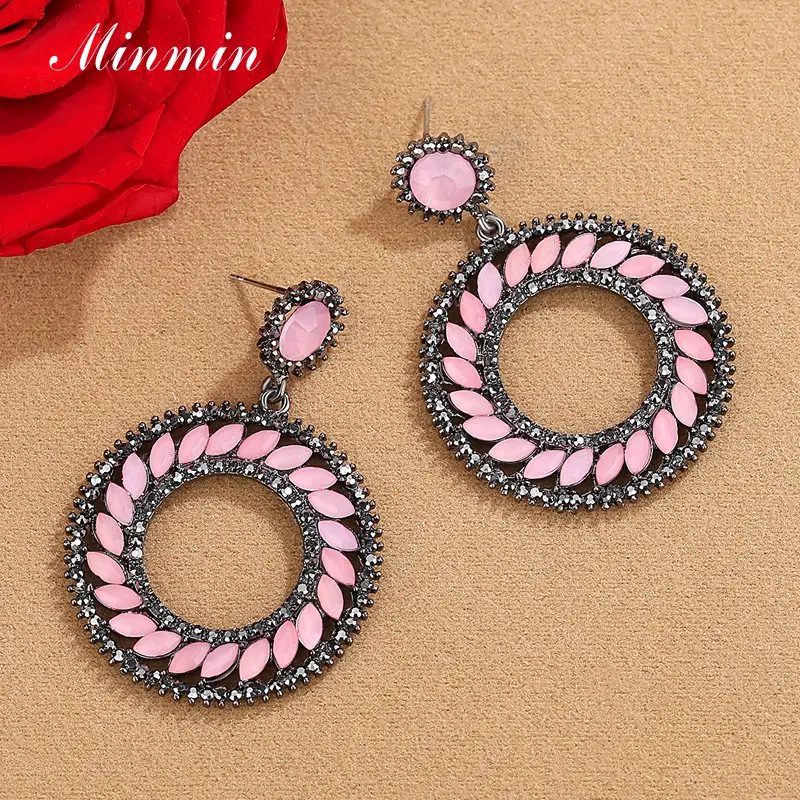 

Minmin 2019 New Pink Crystal Big Circle Drop Earrings Unique Retro Ethnic Hanging Earrings for Women Fashion Prom Jewelry EH1482