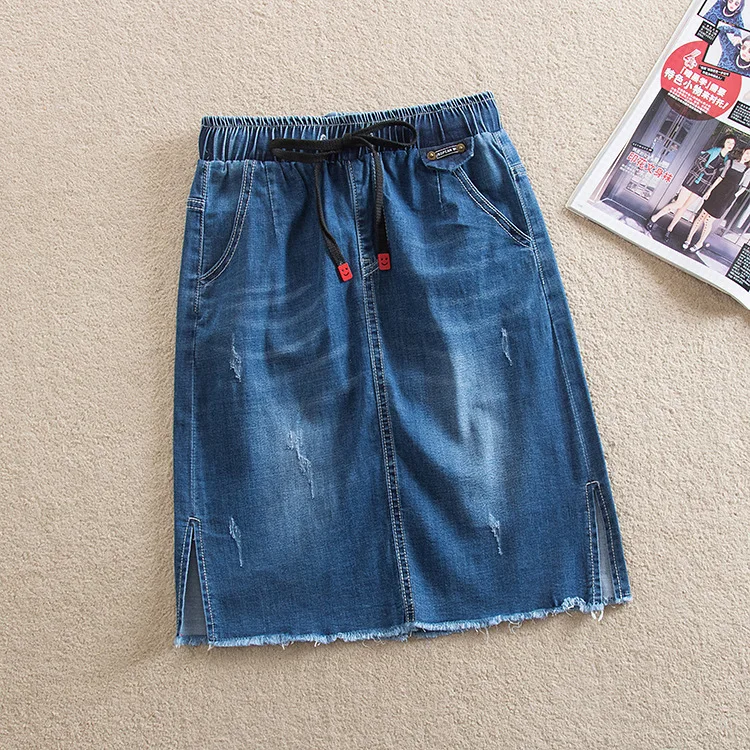 Синие короткие женские джинсы с эластичной резинкой на талии и разрезом сбоку, юбка женские джинсовые юбки, большие размеры, облегающие, весна-лето 2916LY