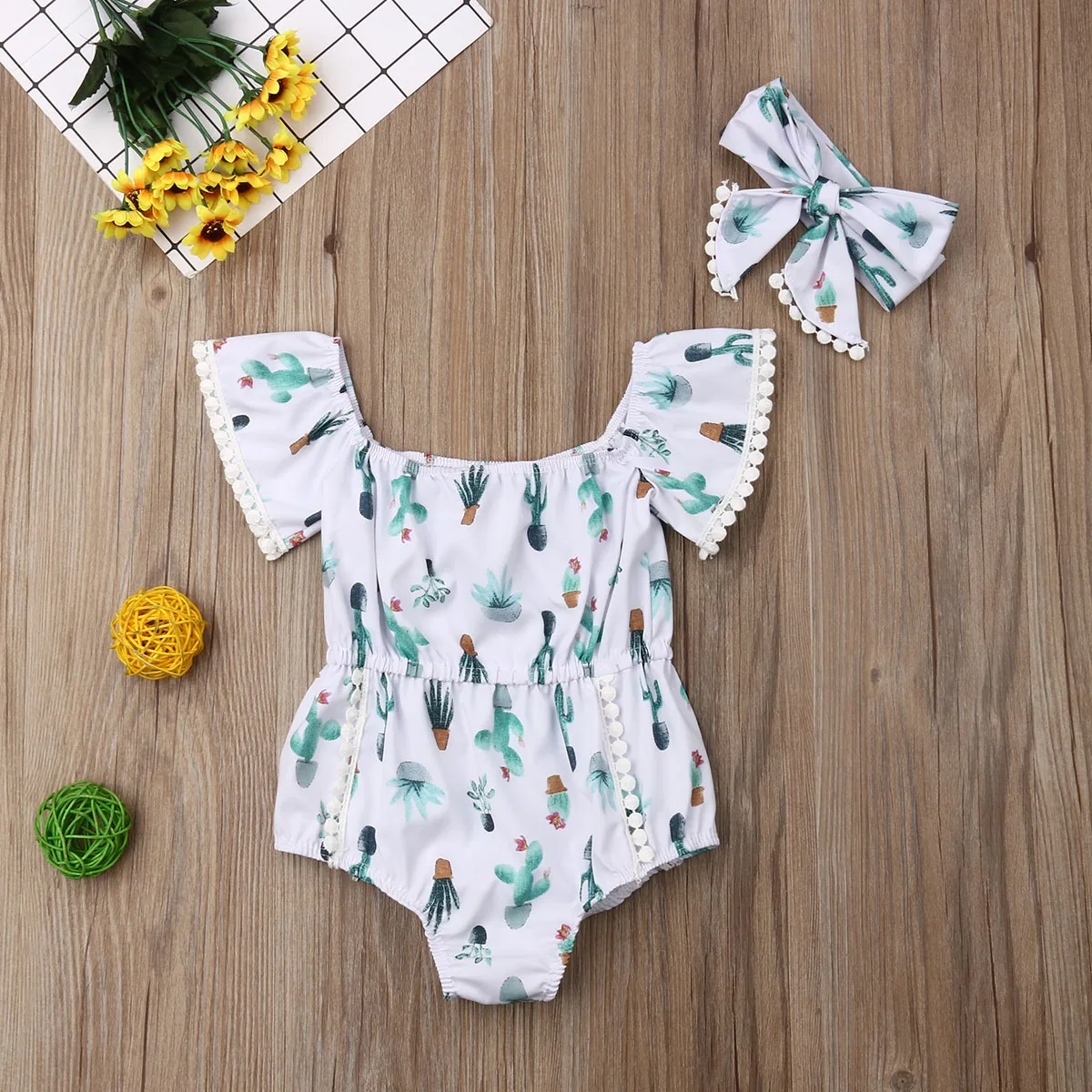 

Hot Newborn Infant Baby Kid GirlCereus Print Summer Sweet Square Collar Fashion Romper Jumpsuit Outfit Headband