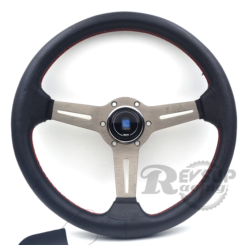 350mm Black Genuine Leather/ Red Stitching Deep Dish Racing Steering