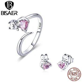 

BISAER 925 Sterling Silver Original Litter Bear Hand Pink Love Heart Finger Rings & Stud Earring Jewelry Sets For Women HPS087