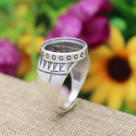 

Art Nouveau Engagement Wedding Party Vintage Ring Sterling Silver 925 Jewelry Round Cabochon 15x15MM for Gemstone Thai Silver