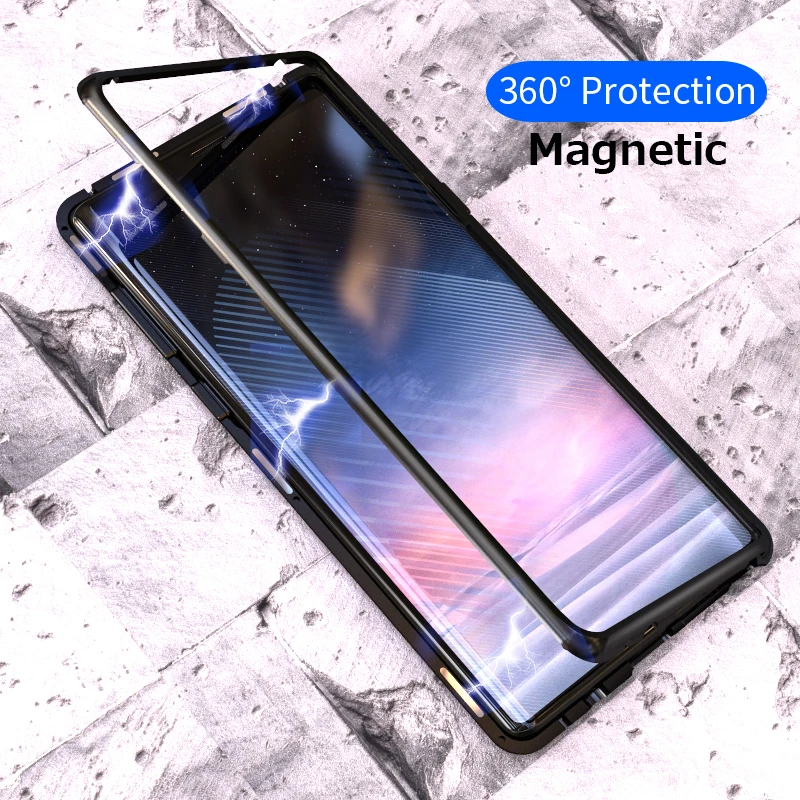 Magnetic Adsorption Flip Case for Samsung Galaxy Note 9 S8 S9 Plus Tempered Glass Back Cover Luxury Metal Bumpers Hard Case