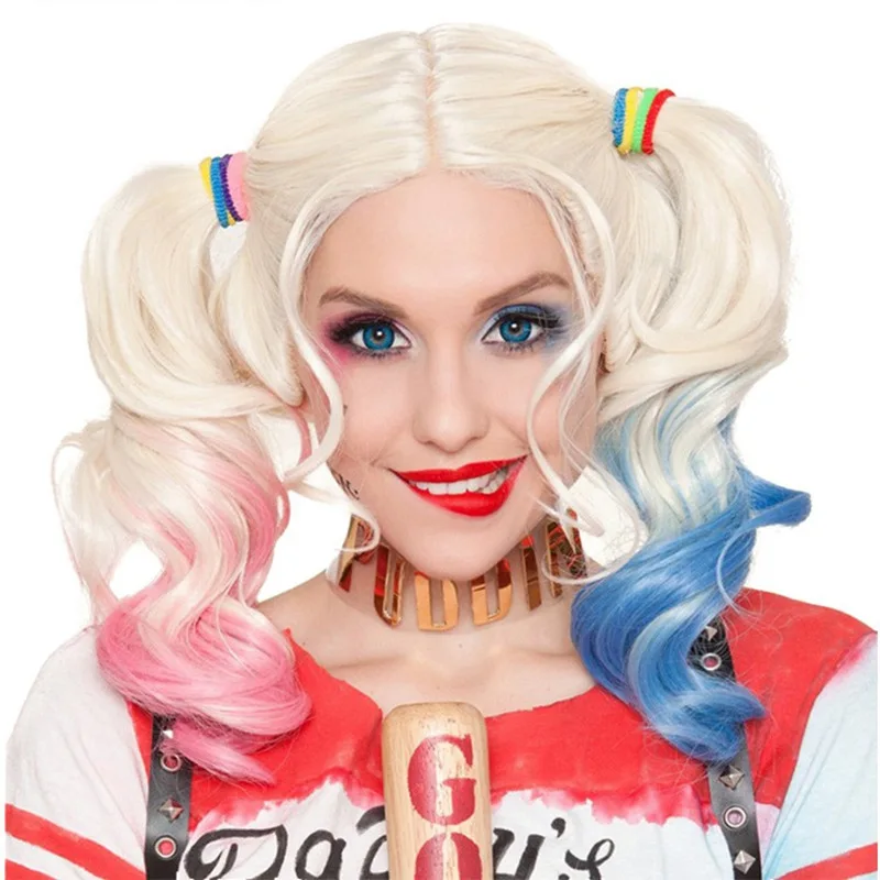 

Movie Harley Quinn Cosplay Synthetic Wig Mixed Color Blue and Pink Ombre Color Halloween Party Long Wavy Wig Allaosify