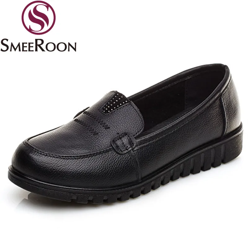 

Smeeroon 2019 new shoes woman round toe casual genuine leather shoes women flat with Walking Footwear flats women loafers