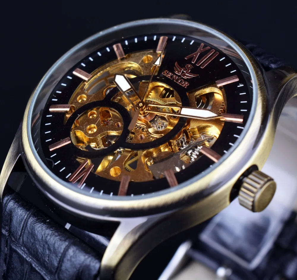 SEWOR Brass Case Retro Designer Men Skeleton Watch Male Clock Men Erkek