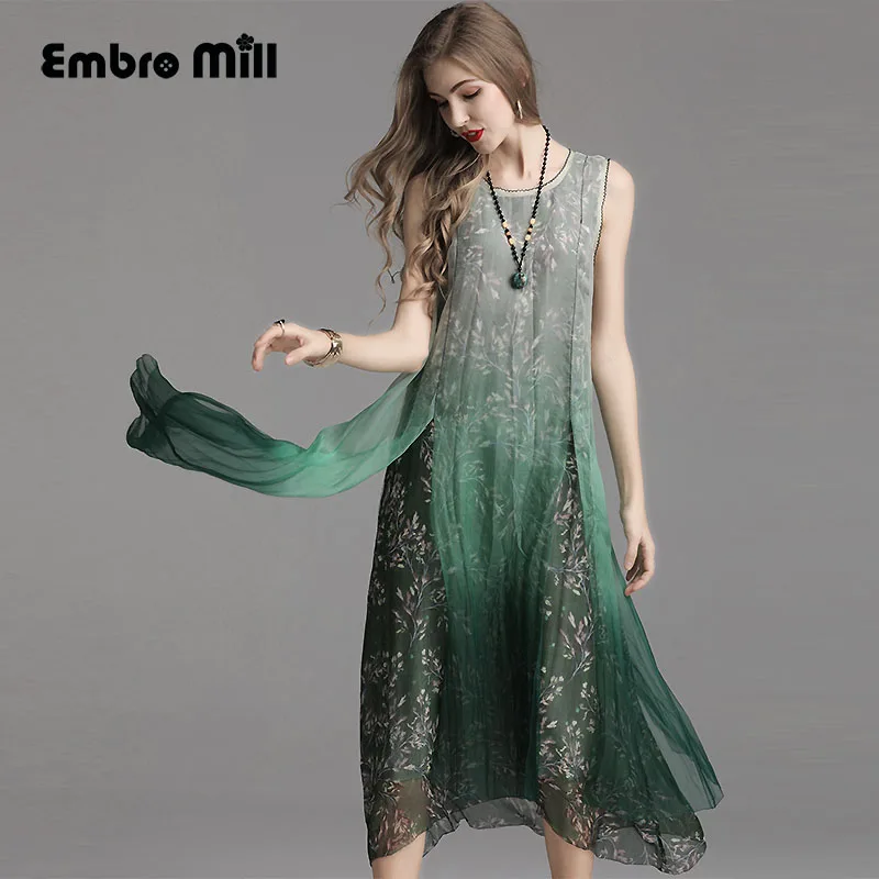 

summer women Chinese style floral midi dress Silk Gradient color seaside Vacation dress splice Organza Woman dress M-XL