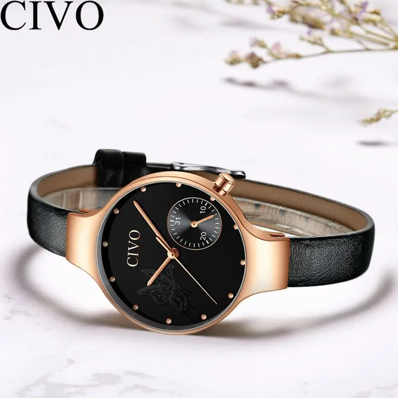 

CIVO Ultra Thin Womens Watches Fashion Casual Watch Waterproof Leather Watchband Butterfly Quartz Black Clock Ladies Reloj Mujer
