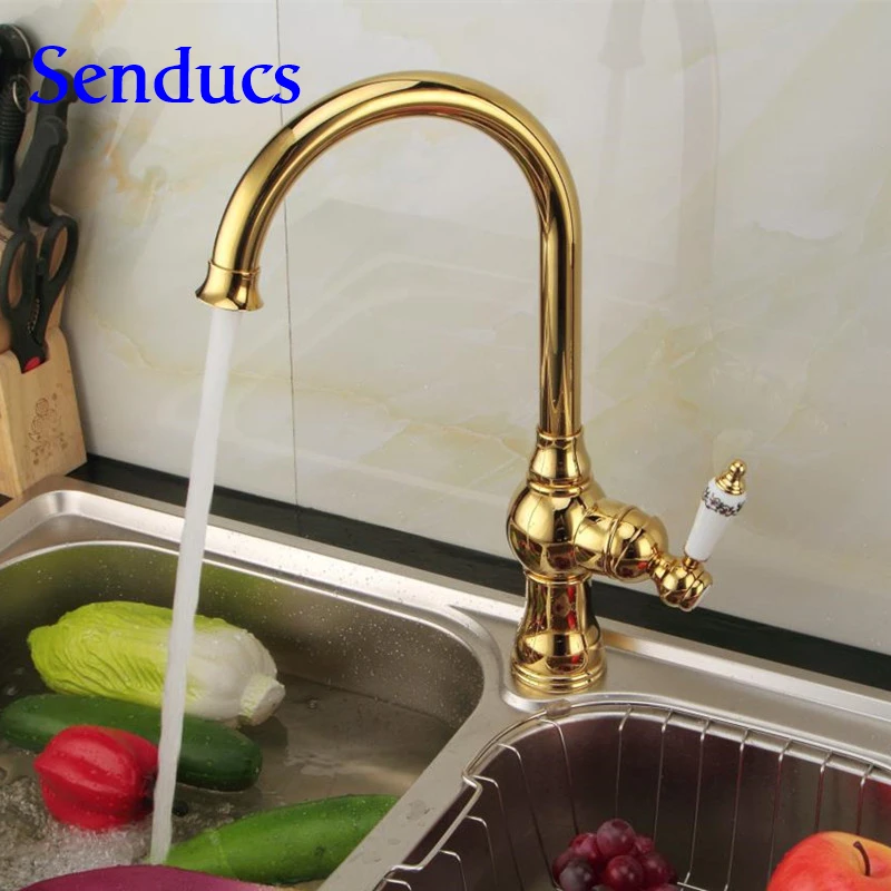 Free Shipping 360 Rotation Gold Kitchen Faucet With Deck Mounted