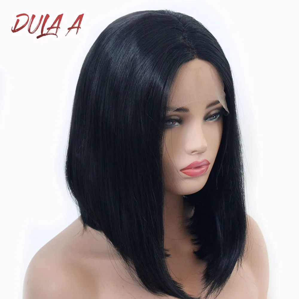 

Dula A Hair 12inch Silky Straight Black Short Bob Wig Middle Part Top Synthetic Lace Front Wig For Women pelucas de mujer