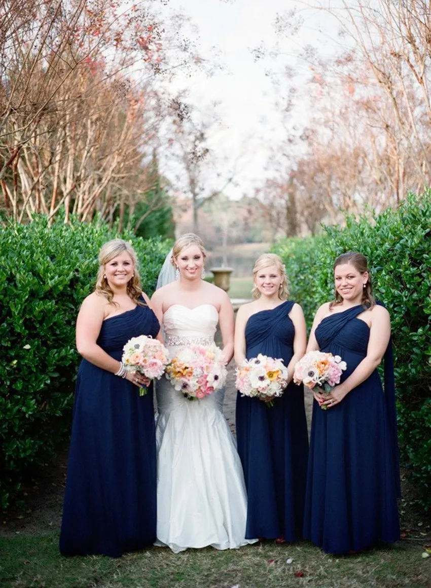 Free Shiping Navy Blue Bridesmaids Dress 2017 Sexy One Shoulder Pleat