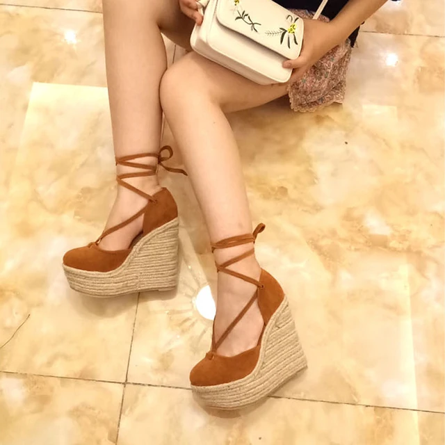 yellow tie up wedges