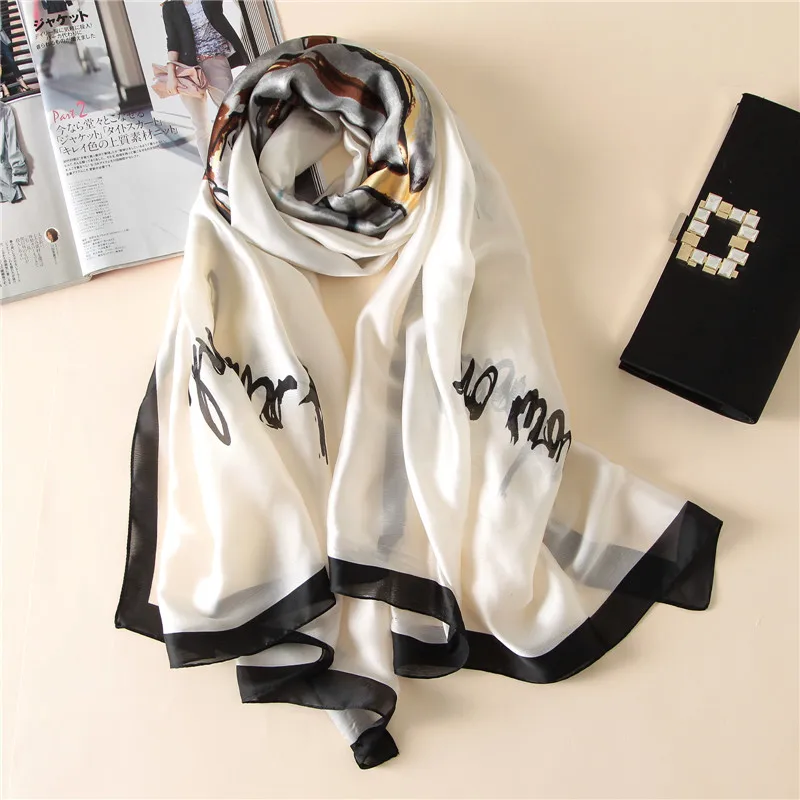 

2019 women silk scarf female letter printed scarves ladies beach wrap chiffon shawl bandanna sunscreen shawl foulard muffler