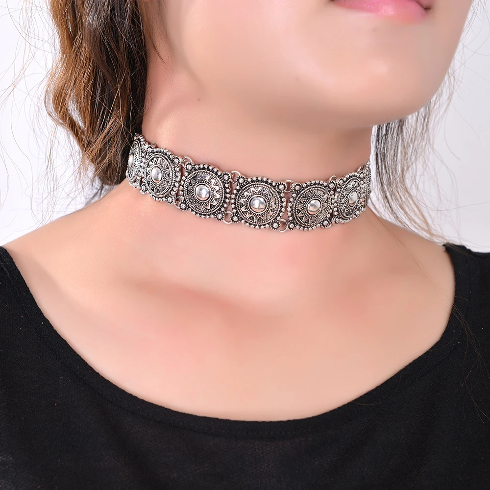 2016 Hot Boho Collar Choker Silver Necklace statement jewelry for womenFashion Vintage Ethnic style Bohemia Turquoise Beads neck