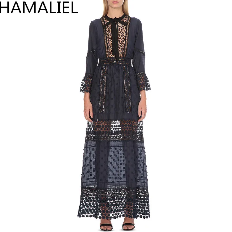 

HAMALIEL Self Portrait Autumn Women Long Dress 2018 Runway Designer Lace Patchwork Hollow Out Flare Sleeve Slim Bow Maxi Dress
