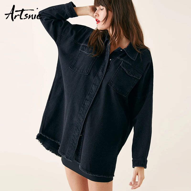 

Artsnie streetwear casual ripped black denim women jacket spring 2019 double pockets jeans long jacket chaquetas Mujer coats