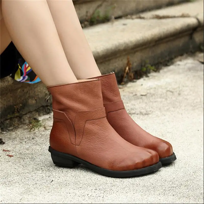 Genuine Leather Handmade Boots  Vintage Women Shoes Autumn and Winter Thick Heels Ankle Boots Soft and Comfortable Women Boots