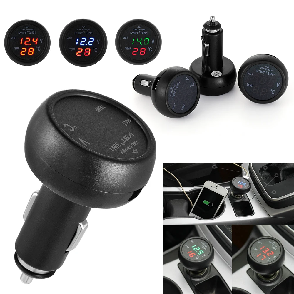 

Car 3 in 1 LED Display Multifunction Plastic Car USB Interface Charger Thermometer Voltmeter Digital Meter Cigarette lighter