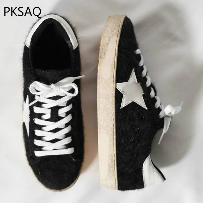 

Autumn Winter New Black Hair Sneaker Shoes Women's Cotton Do Old Dirty Casual Shoes Star Warm Fashion Flat Party Shoes