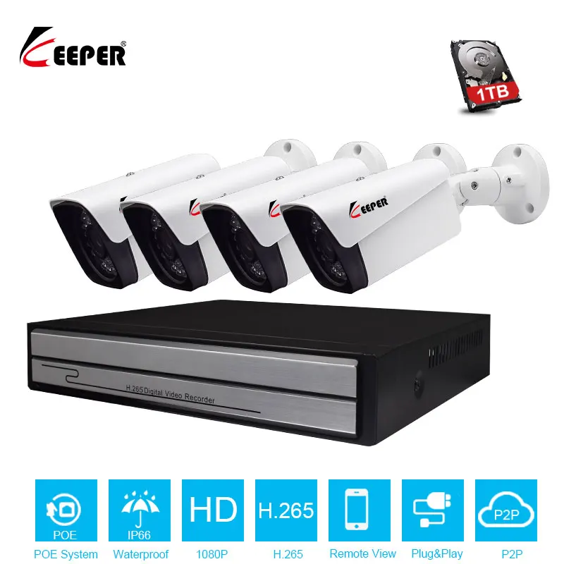  Keeper H.265 4CH 2MP POE Security Camera System Kit Audio Record IP Camera IR Outdoor Waterproof CC