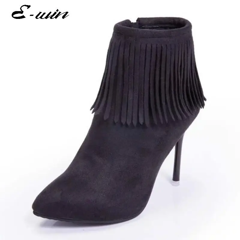 2016 New Autumn Women Tassel High Heel Boots Solid Color Vintage Fashion Women Pointed Toe Ankle Boots Short Boots zipper