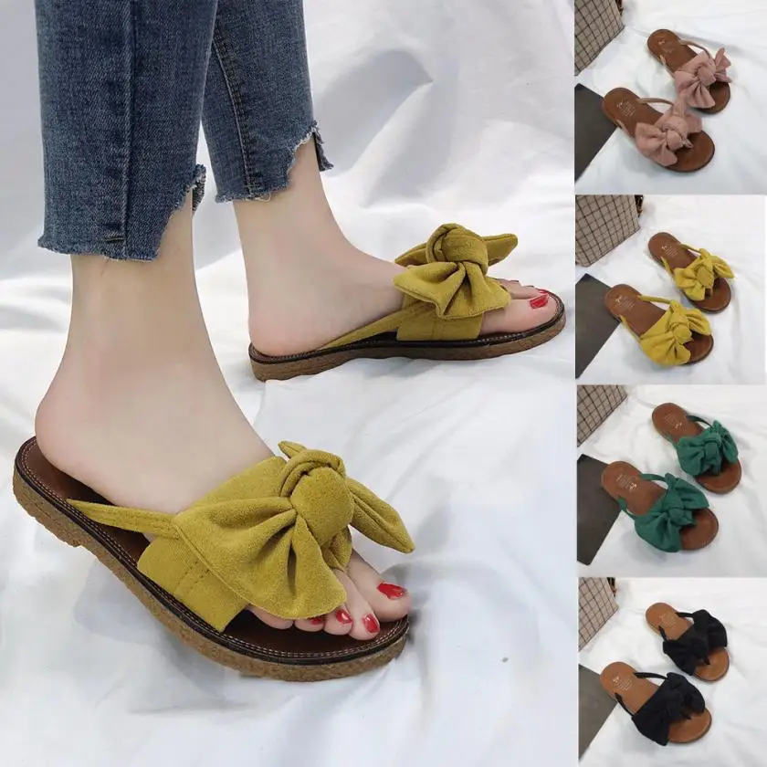 

Dropshipping 2019 Women Shoes Flip Flops Summer Fashion Solid Color Bow Tie Flat Heel Sandals Slipper Beach Casual Shoes