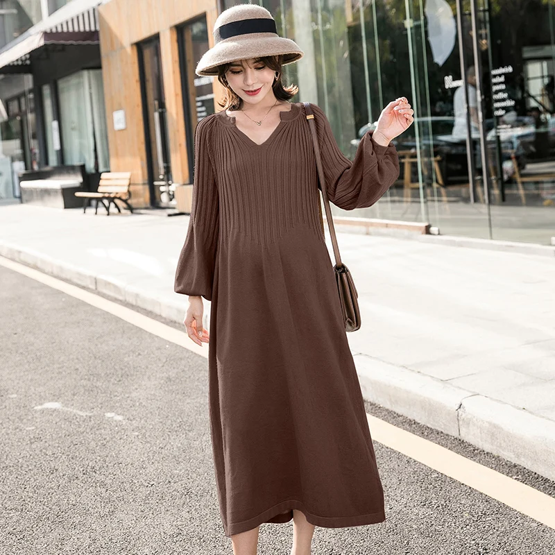 

Solid Color Pregnant Women Knitting Basic Dress Long Lantern Sleeve V-neck Maternity Loose Dress Plus Size Emmpire Knitted Dress