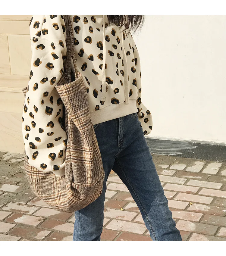 Women Woolen Canvas Bags Scottish Pattern Vintage Plaid Female Large Capacity Big Tote Handbag Ladies Casual Shoulder Bag