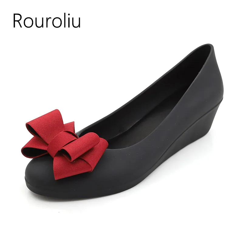 

Rouroliu Women New Fashion Bowknot Shallow Jelly Shoes Waterproof Breathable Rain Shoes Wellies Casual Beach Shoes Woman RB74