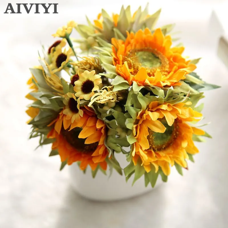 

Foreign trade excellent product 1 bunch artificial flower fake sunflower silk real touch daisy flower party wedding flowers desk
