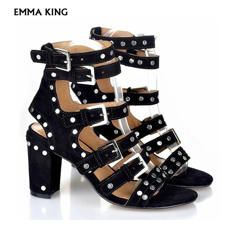 

New Summer Sandals Women Chunky High Heel Dress Shoes Woman Rivets Gladiator Sandals Women Pumps Stiletto Suede Sandalias Mujer