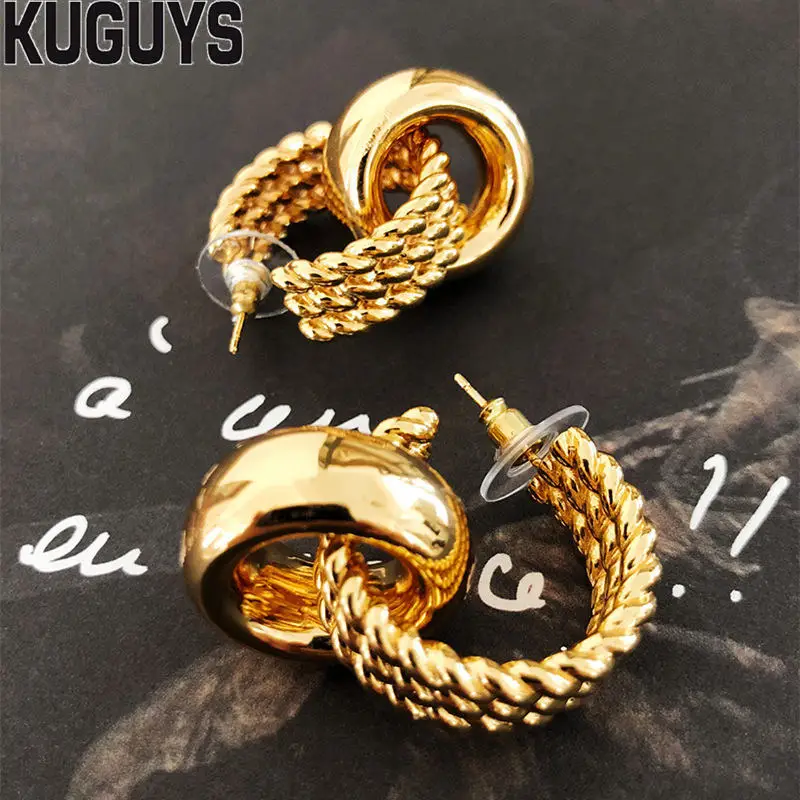 

KUGUYS Fashion Jewelry Trendy Metal Vintage Large Earrings for Women Gold Ears Round Wide Hoop Earring Brincos Cool Accessories