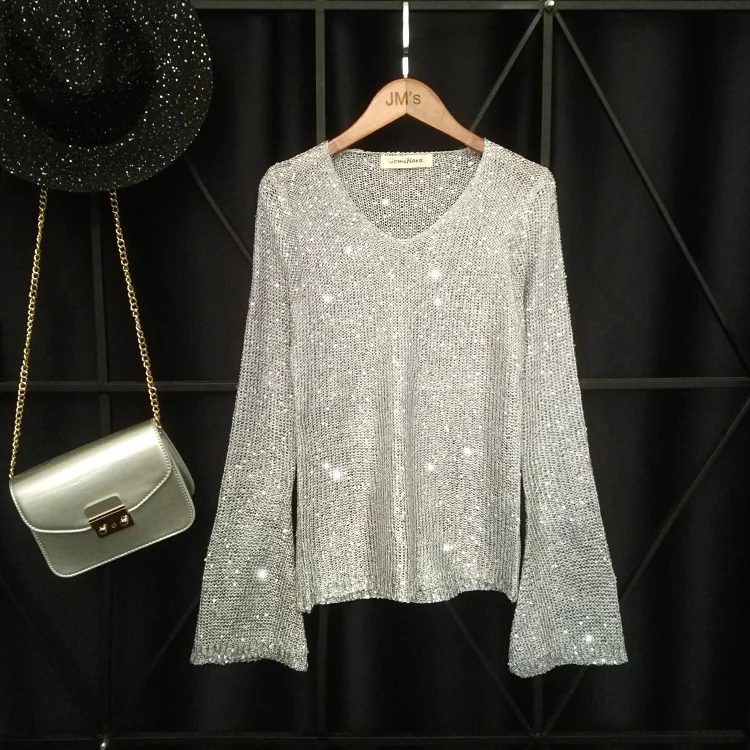 

2019 New Fashion Spring and Autumn Women V-neck Bright Silk Sequined Knitted Shirts Flare Sleeve Super Shiny Sweaters Loose Tops