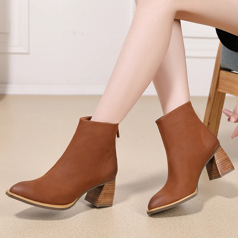 

VALLU 2018 Winter Handmade Leather Shoes Women Ankle Boots Back Zipper Block Chunky High Heel Boots Ladies Snow Warm Booties