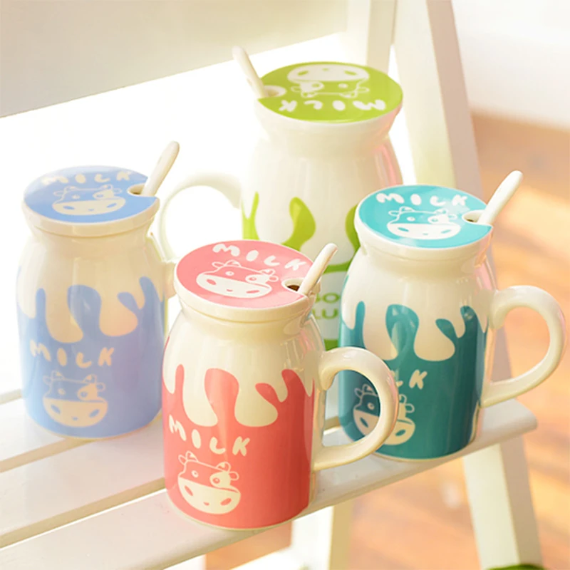 

Creative Style Popular Young People Drinkware Colorful Ceramic Milk Cup Coffee Mugs with Spoon Lid Offer Kitchenware Mugs