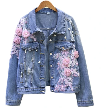 

2019 Spring Autumn Jeans Jacket Coat Woman New Heavy Stereo Pink Flower Embroidered Hole Denim Jackets Student Basic Coats