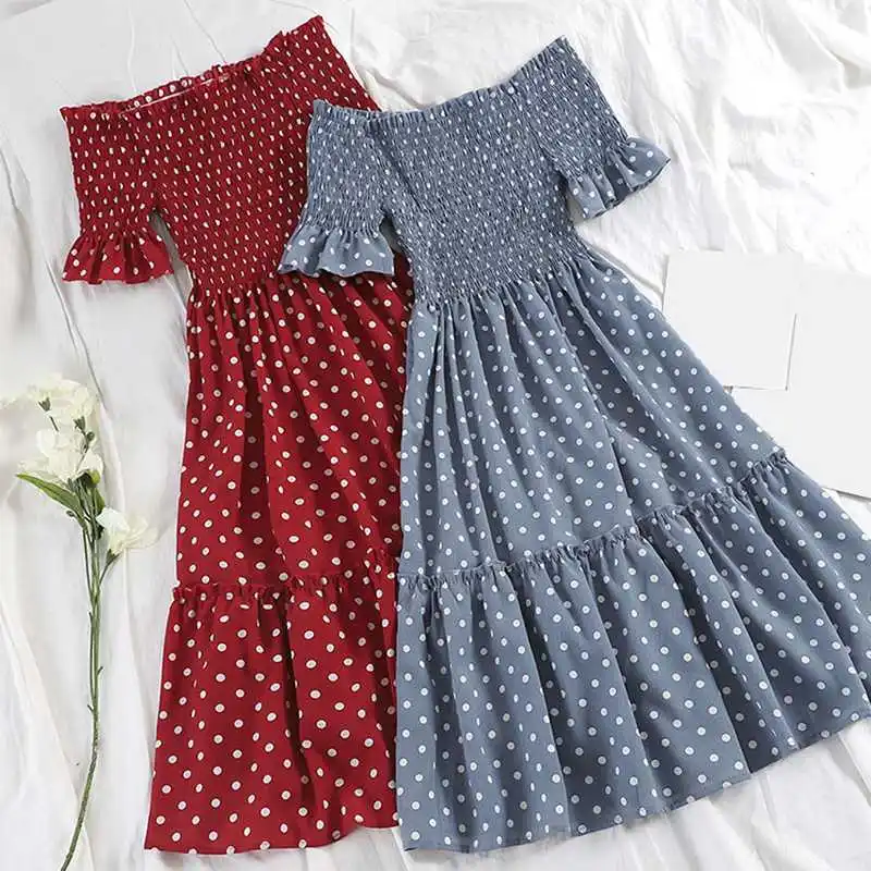 

Mferlier Polka Dot Dress Women Slash Neck Short Flare Sleeve Elastic High Waist 7 Colors Slim Ladies A Line Off Shoulder Dress