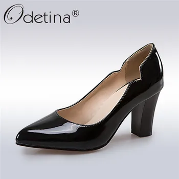 

Odetina New Fashion Patent Leather Pumps For Women Pointed Toe Sexy Party Shoes Ladies Slip On Square High Heels Pump Shoes