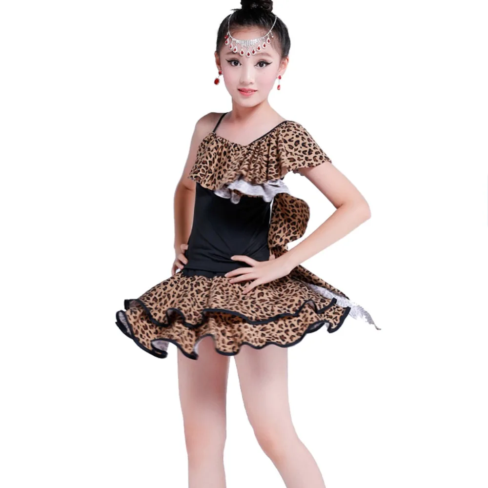 

Kids Girls Latin Leopard-print Dress Stage Performance Outfit Samba Rumba Dance Dress Costume
